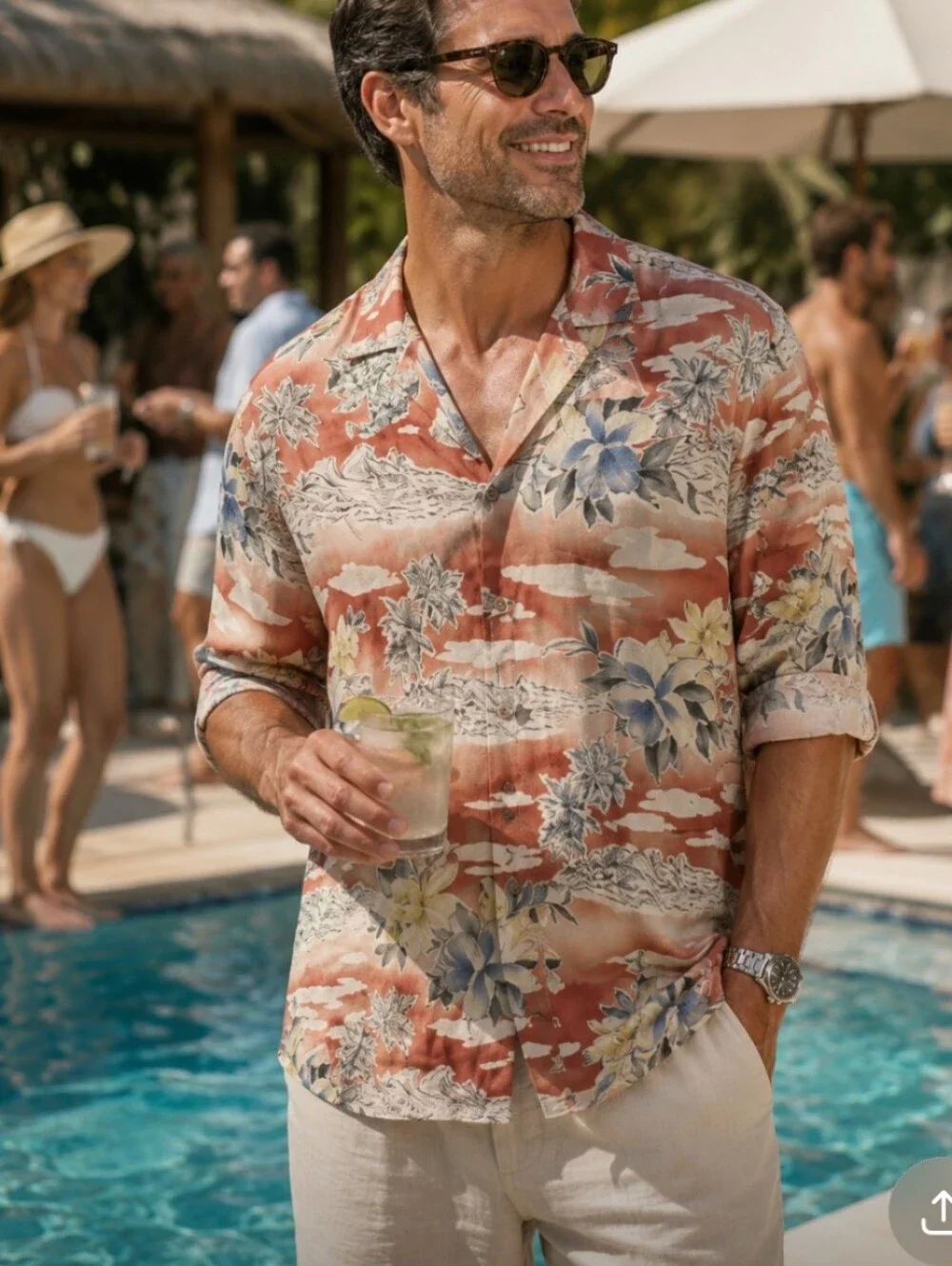 Tommy Bahama XL Vintage Print Surfing Floral Rust And Cream Silk Just Cleaned
